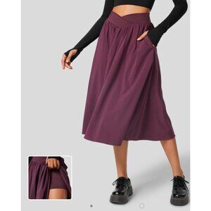 Halara Breezeful Crossover High Waisted 2-in-1 Midi Flare Skirt sz Medium Burgun